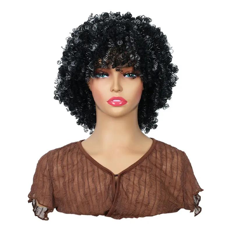 Gray Curly Wig Kinky Afro Curly WigsBangs for Black Women Hair Shoulder Length Ombre Grey Wig With Bangs